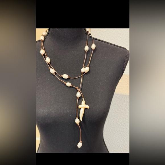 Wendy mignot real pearl long necklace with pearl cross - Picture 1 of 17